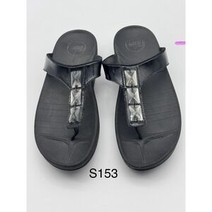 FitFlop Black Patent Leather‎ Thong Sandals Embellished Crystal Slip On